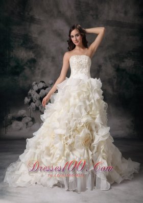 Romantic Strapless Organza Hand Made Flower Bridal Dresses