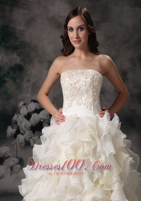 Romantic Strapless Organza Hand Made Flower Bridal Dresses