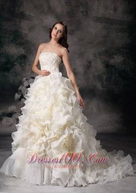 Romantic Strapless Organza Hand Made Flower Bridal Dresses