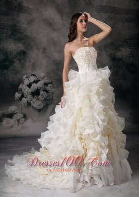 Romantic Strapless Organza Hand Made Flower Bridal Dresses