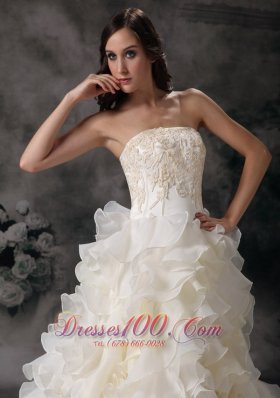 Romantic Strapless Organza Hand Made Flower Bridal Dresses