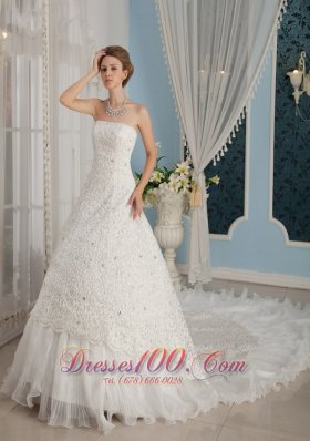 Gorgeous Strapless Cathedral Train Beading Wedding Dress