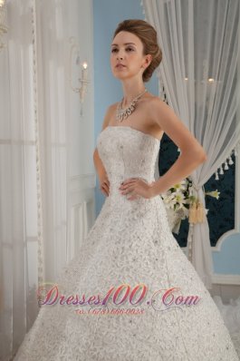 Gorgeous Strapless Cathedral Train Beading Wedding Dress