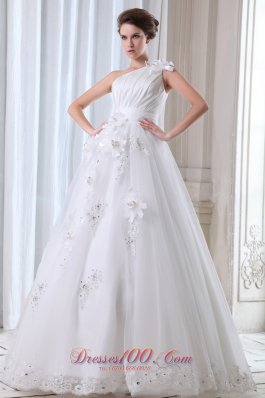 Best Seller Floral One Shoulder Tulle Appliques Wedding Dress