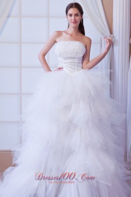 Extravagant Strapless Tulle Layers Beading Wedding Dress