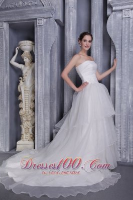 Elegant Princess Strapless Chapel Train Organza Wedding Dress