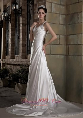 Exquisite Straps Taffeta Ruch and Appliques Wedding Dress