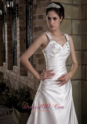 Exquisite Straps Taffeta Ruch and Appliques Wedding Dress