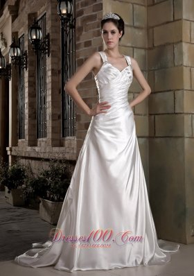 Exquisite Straps Taffeta Ruch and Appliques Wedding Dress