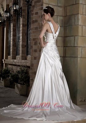 Exquisite Straps Taffeta Ruch and Appliques Wedding Dress