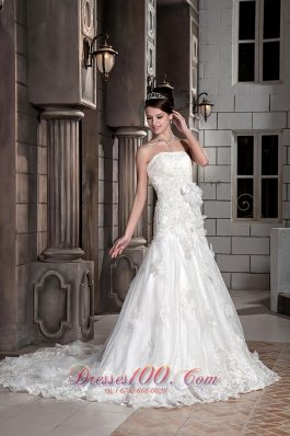 Modest Strapless Lace Floral Wedding Dress