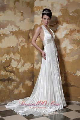 Sexy Halter Elastic Woven Satin Beading Wedding Dress