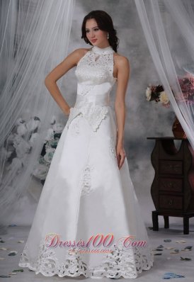 Attractive High-neck Sash Bow Satin Wedding Dress