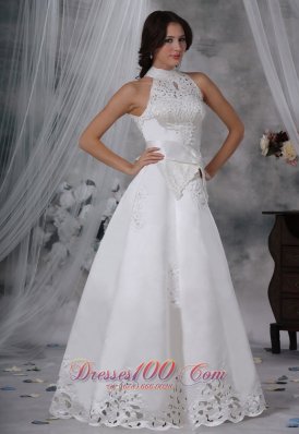 Attractive High-neck Sash Bow Satin Wedding Dress