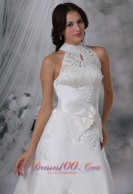 Attractive High-neck Sash Bow Satin Wedding Dress