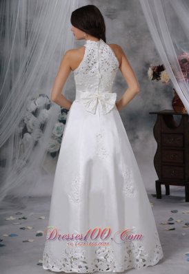 Attractive High-neck Sash Bow Satin Wedding Dress