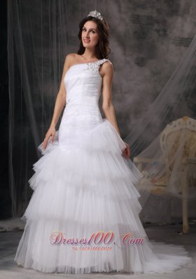 Dressy One Shoulder Wedding Dress Tulle Beading