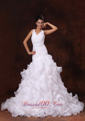 V-neck Organza Ruffles Church Stylish Wedding Dress