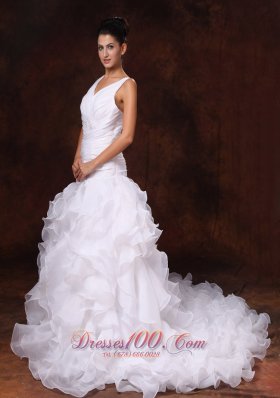 V-neck Organza Ruffles Church Stylish Wedding Dress