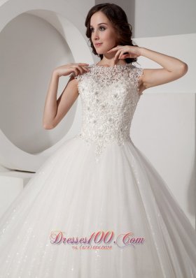 Scoop neck Sequined and Lace Wedding Dress