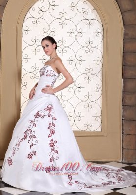 Modest Red Embroidery Satin Wedding Gown
