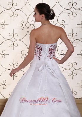 Modest Red Embroidery Satin Wedding Gown