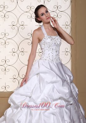 Sexy Halter Wedding Dress Satin Embroidery and Pick-ups