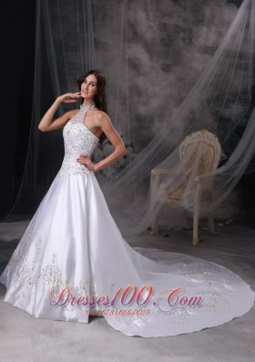 Wedding Dress Halter Satin Embroidery and Beading