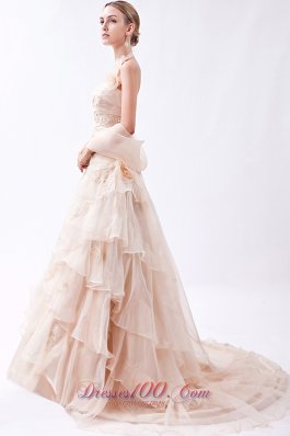 Halter Champagne Organza Appliques Prom Dress