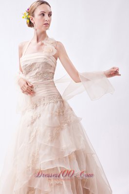 Halter Champagne Organza Appliques Prom Dress