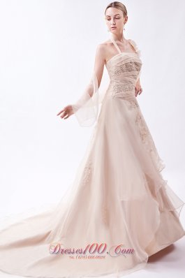 Halter Champagne Organza Appliques Prom Dress