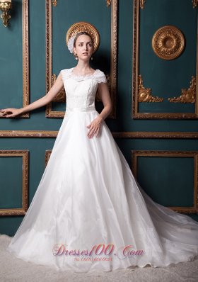 Square Chapel Train Organza Lace Wedding Dress