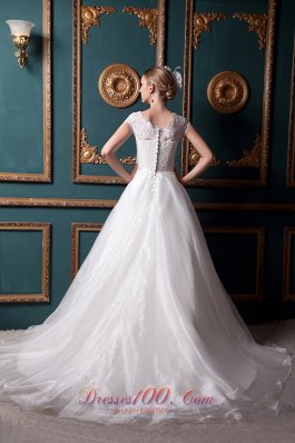 Square Chapel Train Organza Lace Wedding Dress