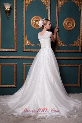 Square Chapel Train Organza Lace Wedding Dress