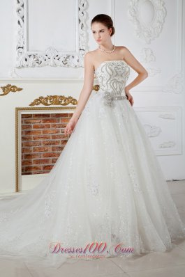 Strapless Court Train Tulle Beading Bridal Dress