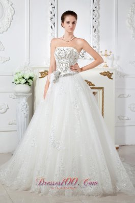 Strapless Court Train Tulle Beading Bridal Dress