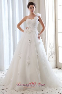 One Shoulder Tulle Beading Floral Wedding Dress