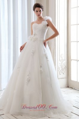 One Shoulder Tulle Beading Floral Wedding Dress