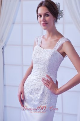 Straps Court Train Organza Appliques Bridal Dress