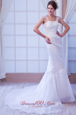 Straps Court Train Organza Appliques Bridal Dress