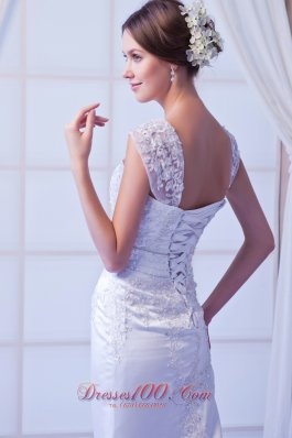 Straps Court Train Organza Appliques Bridal Dress