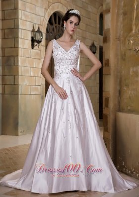 V-neck Chapel Train Taffeta Beading Wedding Dress