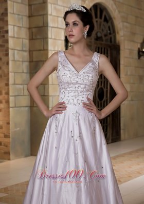 V-neck Chapel Train Taffeta Beading Wedding Dress