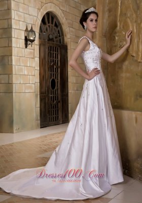 V-neck Chapel Train Taffeta Beading Wedding Dress