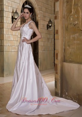 V-neck Chapel Train Taffeta Beading Wedding Dress