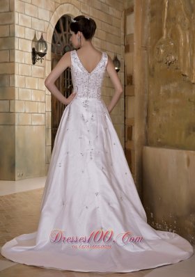 V-neck Chapel Train Taffeta Beading Wedding Dress