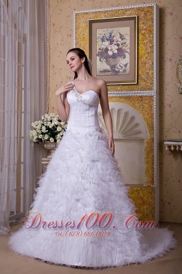 Satin And Tulle One Shoulder Brush Train Bridal Dress
