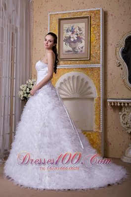 Satin And Tulle One Shoulder Brush Train Bridal Dress