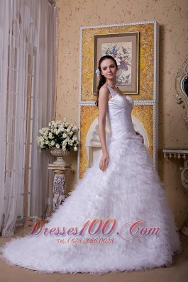 Satin And Tulle One Shoulder Brush Train Bridal Dress