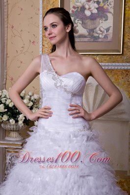 Satin And Tulle One Shoulder Brush Train Bridal Dress